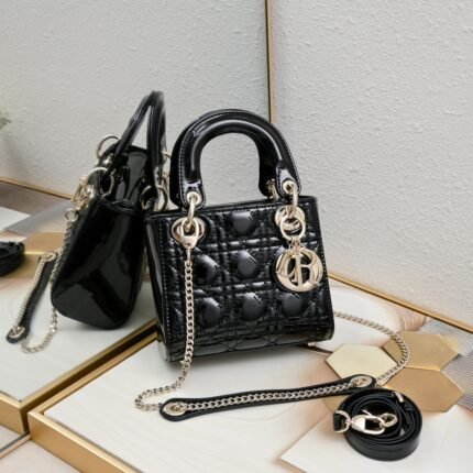 Dior Lady Dior Bag Powder Black Patent Cannage Calfskin Golden Hardware - Bag