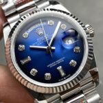 [Super Clone] Rolex Daydate 36 mm President Fluted Bezel Blue ombre Dial 128239 - Image 2