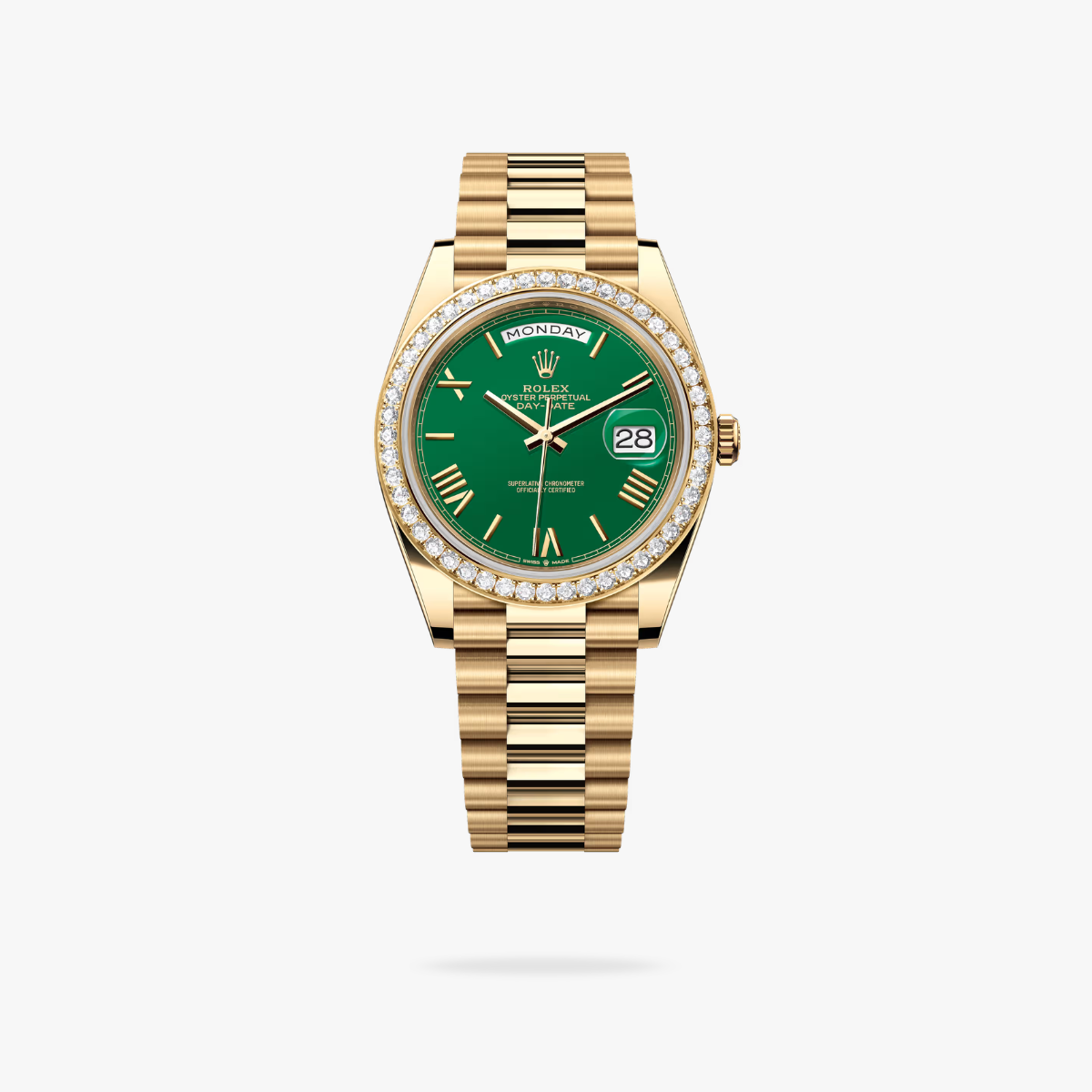 CEL-W-RL-104.png Rolex Daydate 40 mm President Brilliant diamond set Bezel Green Dial 228348RBR Swiss movement - Image 1